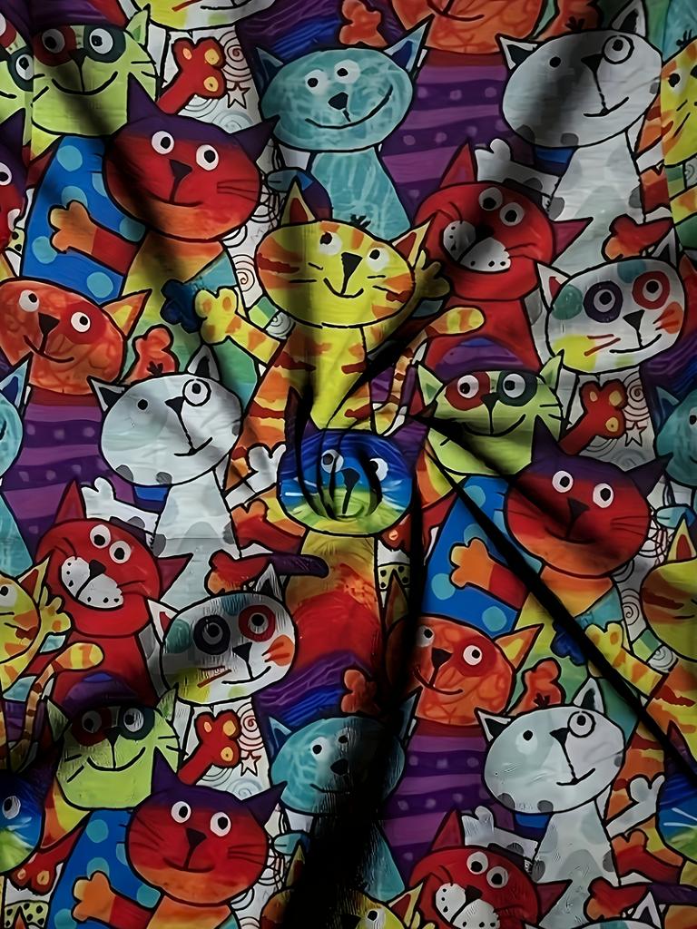 Vibrant Multi-Color Women's Tee - Playful Cartoon Cats Graphic, Cheerful Cat Print Design for Casual Daily Wear