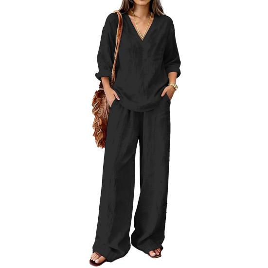Women Linen 2 Piece Sets Summer Long Sleeve V Neck Shirts Matching Wide Leg Pants Lounge Sets Casual Beach Vacation Outfits