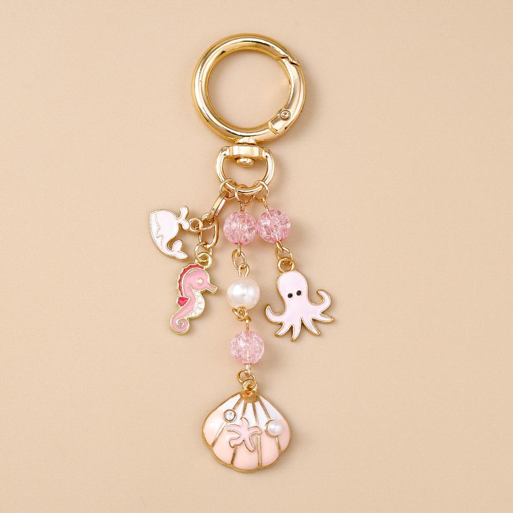Summer Beach Mermaid Shell Starfish Keychain Women Girls Pearl Love Heart Key Ring Pendants for Handbag Decor DIY Jewelry Gifts