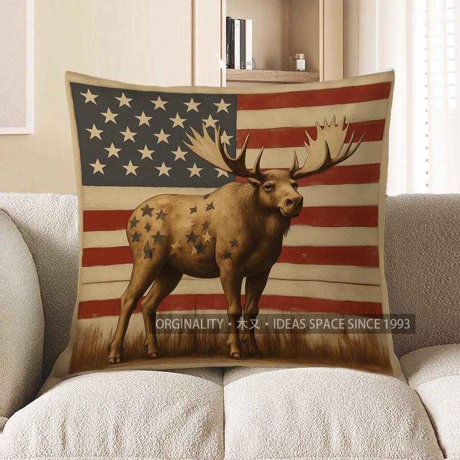 Home Decor American Flag Moose Pattern Throw Pillow Pattern Cushion Cover Suitable for Sofa Bedroom Car Pillow Cover