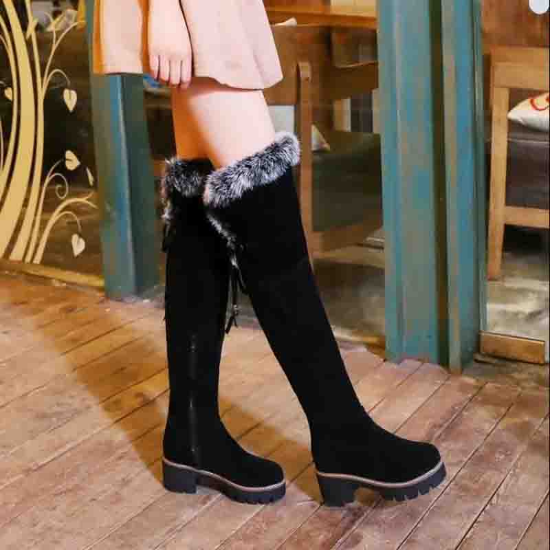 Stiefel Damen Leder Herbst und Winter Kaninchenfell Dicker Absatz