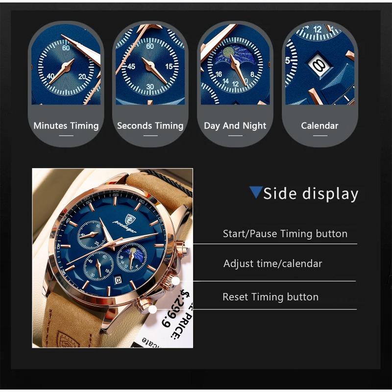 POEDAGAR Luxury Man Wristwatch Sports Leather Quartz Watch Waterproof Luminous Calendar Chronograph Watches Male Clock
