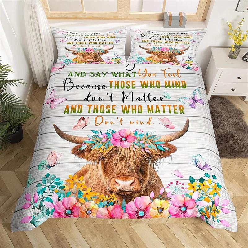 Hochlandkuh Bettbezug King-Größe Queen-Größe Westliches Bauernhoftier Steppdeckebezug Feine Mikrofaser Stier Rindvieh Floral Bettwäsche-Set