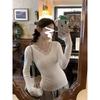 Women White Lace Trim V Neck Long Sleeve Slim Fit Top