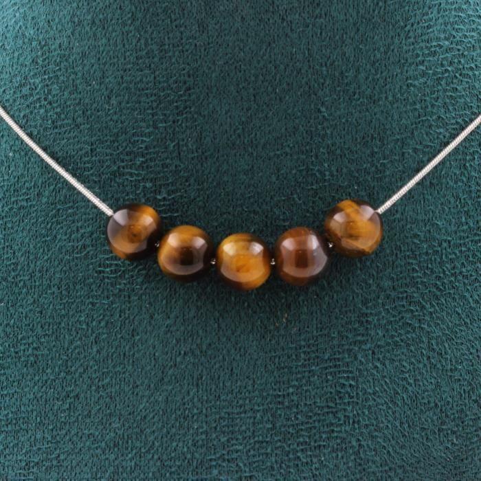 Collier - ABIJOUX - Oeil de Tigre - 5 perles - Acier inoxydable - Taille personnalisable