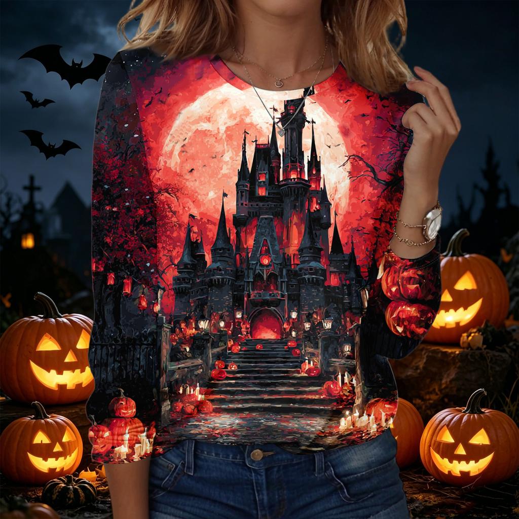 Women's Halloween Printed Pullover Sweatshirt Long Sleeve Crew Neck Casual Top for Fall and Winter Seasonal Wear