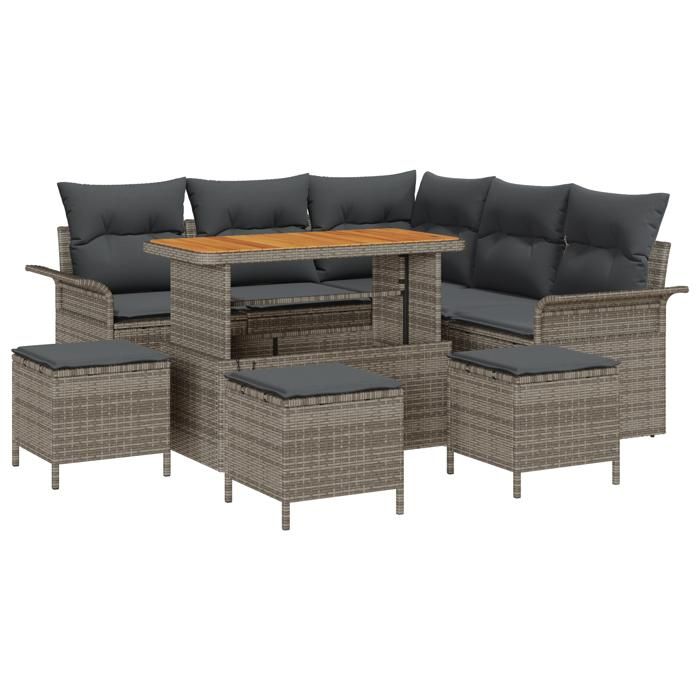 Ensemble de Canapé de Jardin de 9 Pièces avec Coussins Gris Poly Rattan Acacia, Canapé de Jardin 2 Places avec Coussins Gris 3362143