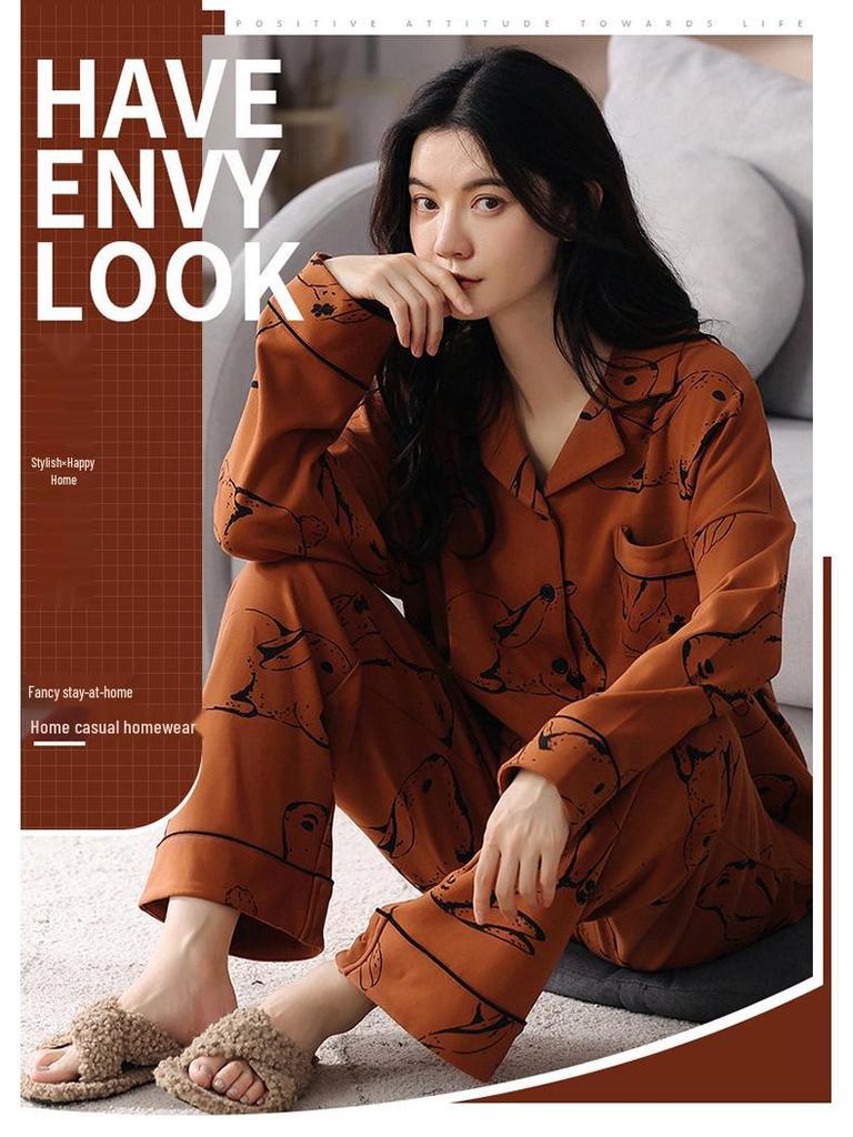 Women's Cute Cartoon Loose-Fit Pajamas Set - Pure Cotton Long Sleeve, Korean Style, Plus Size, Versatile for Indoor & Outdoor Wear.