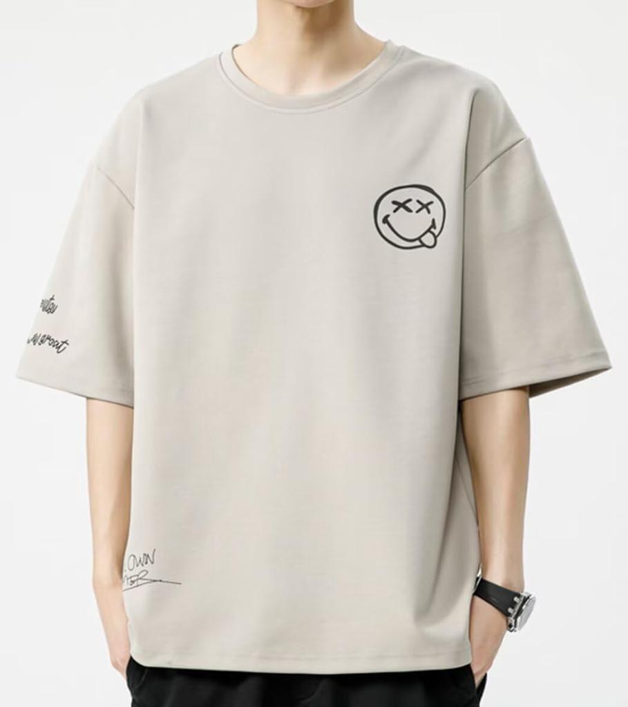 [Bligo] Men's 5/8 Sleeve T-Shirt, Plus Sizes, Round Neck, Smiley Logo, Relaxed Fit, Plain, Spring/Autumn, Casual, Short Sleeve T-Shirt, Stylish, Simpl