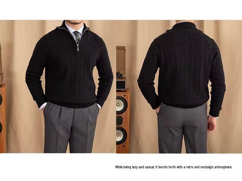 Men's Trendy Casual Slim Fit Cable Knit Half-Zip Sweater with Stand Collar for Autumn and Winter
