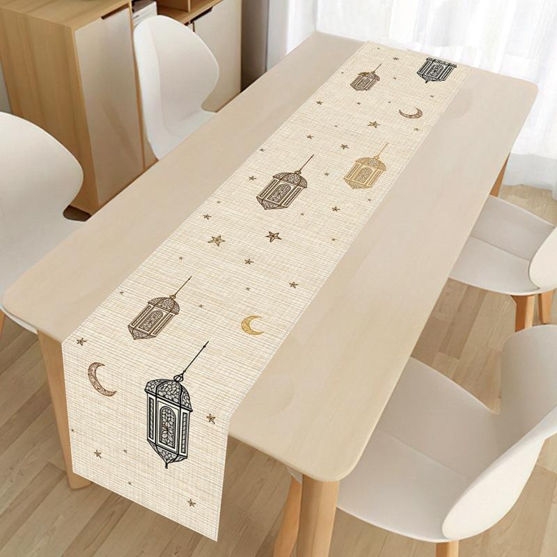 1Pcs Ramadan Eid Mubarak Polyester Table Runner Party Decor Moon Lantern Eid Dining Table Runners Ramadan Decorations+