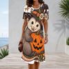 Women Plus Size Round Neck Short Sleeve Halloween Sloth Printed A Line Dress