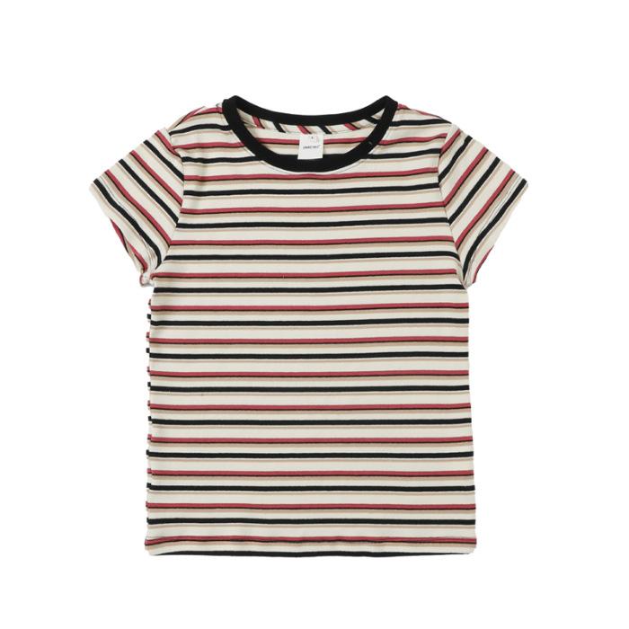 + Rear Bag Collar Sorona Neckline, Contrasting Striped Round Neck Front Shoulder Short-sleeved T-shirt for Women