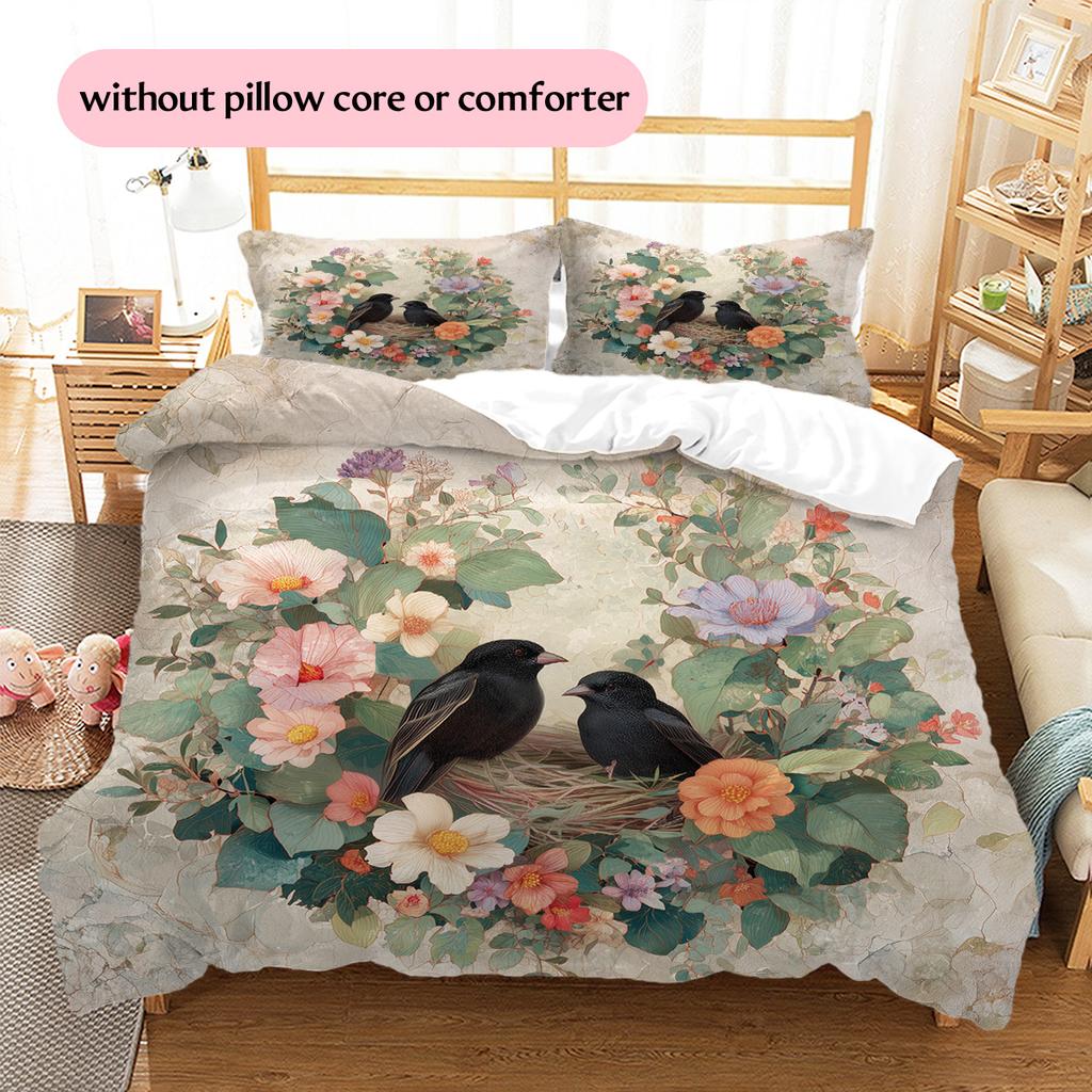 Bird's Nest with Flower Wreath  Pattern Bedding Quilt Set  Home Decoration  Gift (1 * duvet cover + 2 * pillowcase, without core)