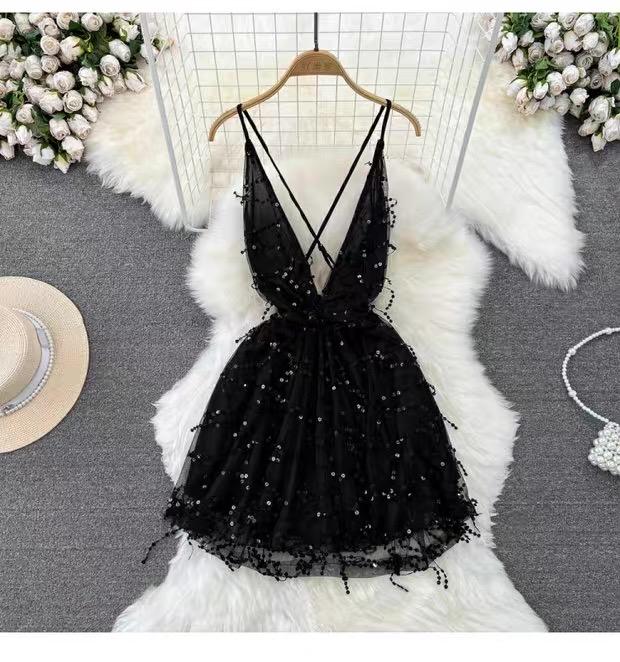 

RUGOD Вечернее платье с глубоким V-образным вырезом и блестками для пожилых людей, сексуальное тонкое платье трапециевидной формы с высокой талией, без рукавов, с открытой спиной, летнее платье M