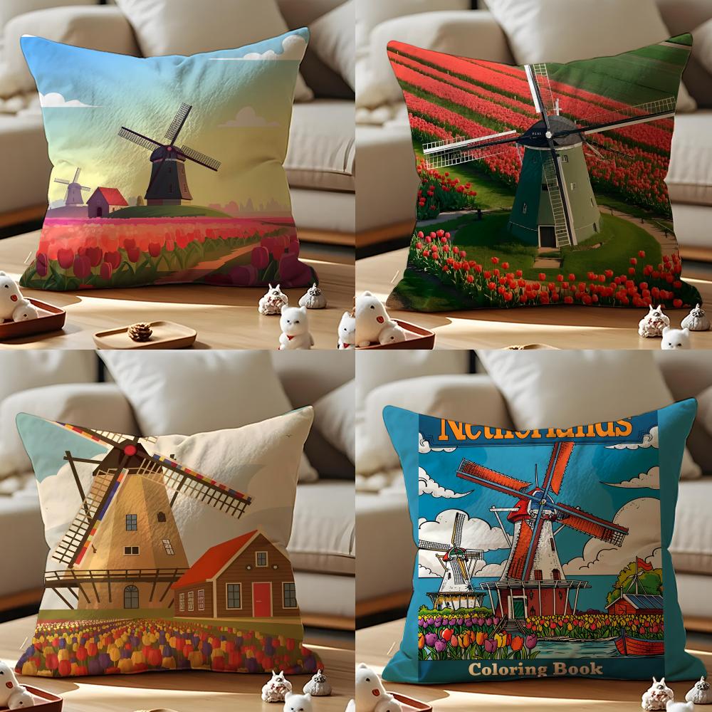 Dutch Windmills & Tulips Cushion Cover Anti-dustmite Pillowcase Invisible Zipper Silky Short Plush Sofa Cushion Cover