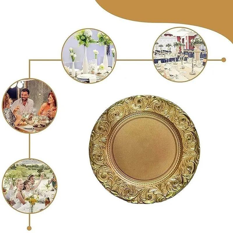 Assiette de présentation dorée en plastique décorative assiette de service fête dîner plateau de service mariage Noël banquet organisateur de table