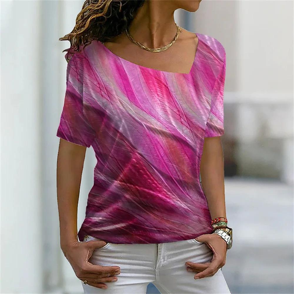 Women's Short Sleeved T-shirt with Slanted Neckline Pattern and Digital 3D Printed Women's T-shirts
