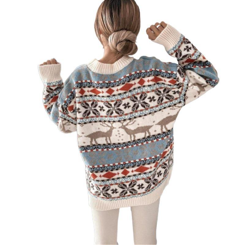 2022 Women's Christmas Jacquard Round Neck Loose Sweater – Five Colors Available