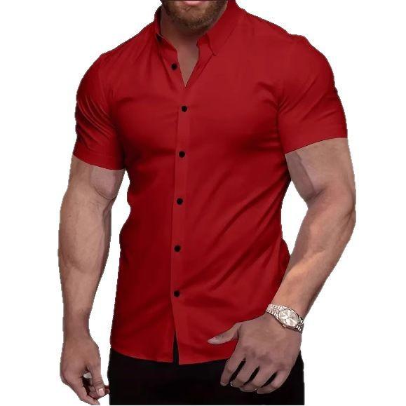 European And American Men'S Short-Sleeved Shirt 3D Digital Printing Casual Versatile Solid Color Muscle Men'S Lapel Shirt