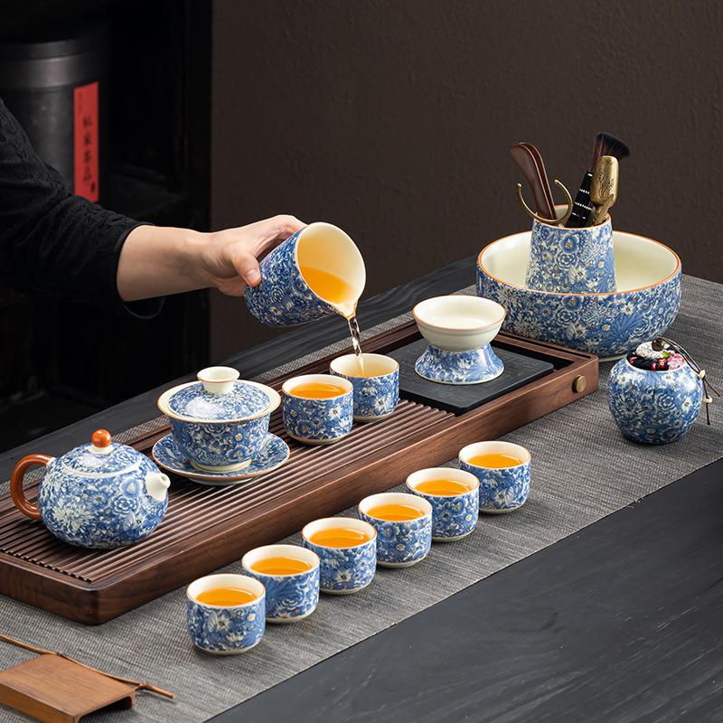 Light Luxury Flower Huang Ru Tea Set, Household Ceramic Opening Film Can Raise Retro Whole Set of Kung Fu Tea Printing