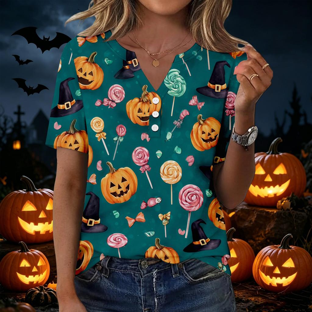 Women's Halloween Printed Loose Fit V Neck Short Sleeve Top with Pocket Casual Lightweight Blouse for Everyday Wear