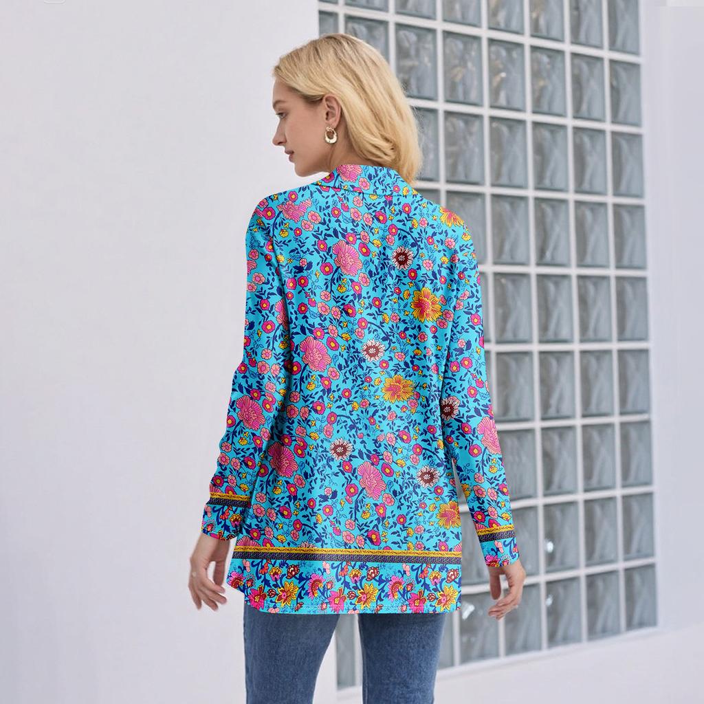 Damen Langarm Strickjacke V-Ausschnitt Mode Bedrucktes Hemd Leicht Lässig Locker Dünne Strickjacken Mit Taschen