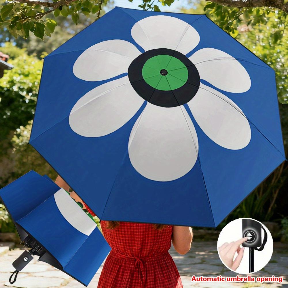 

1pc Bold Blue Floral Automatic Folding Umbrella with White & Green Flower Design - Heavy-Duty Reinforced Frame, 8-Rib Windproo (as the picture,Iron&8K)