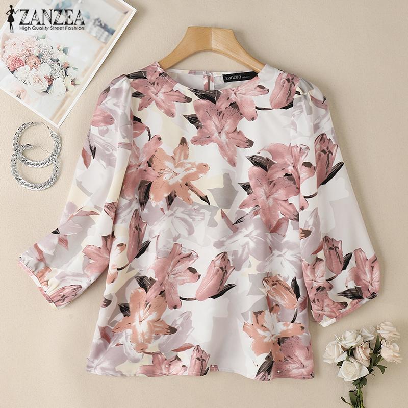 ZANZEA Women Summer Round Neck 3/4 Sleeve Loose Print Blouse