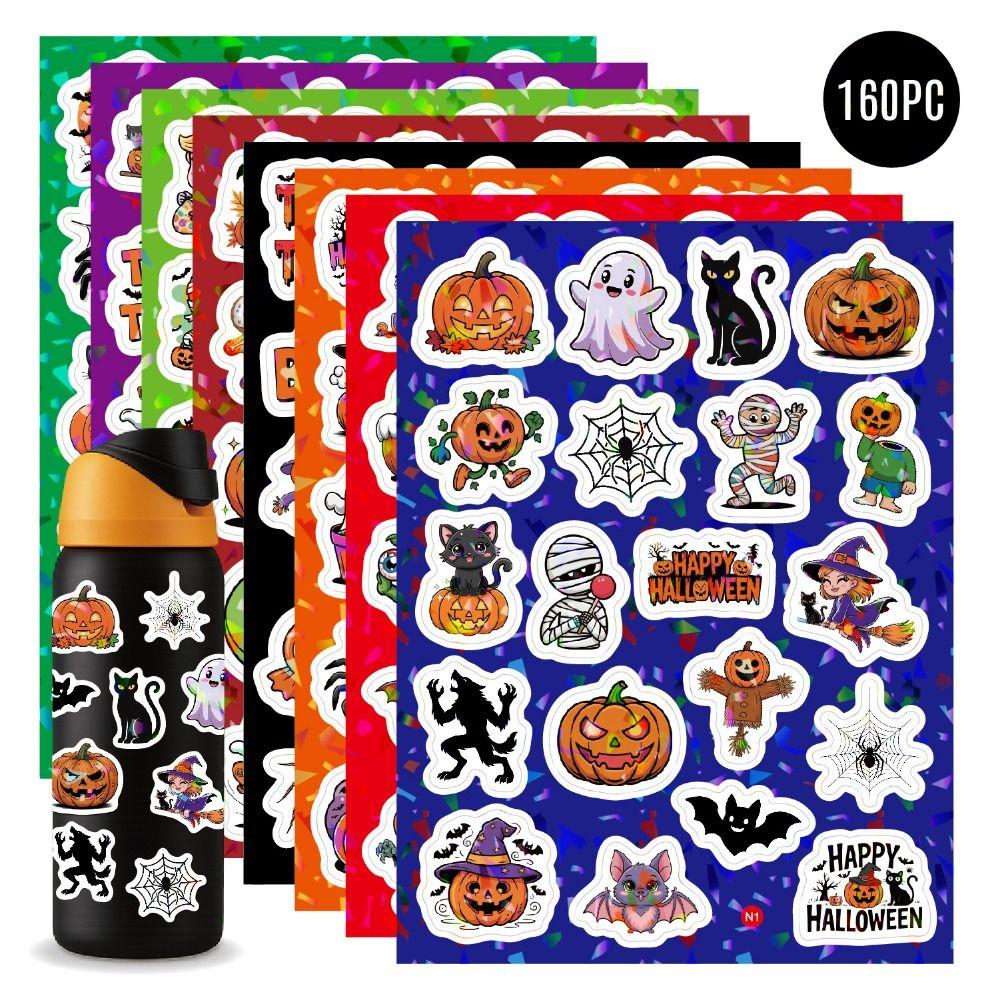 160PCS 8 Sheets Cartoon Spider Pumpkin Halloween Stickers Ghost Bat Scary Sticker  Party Supplies