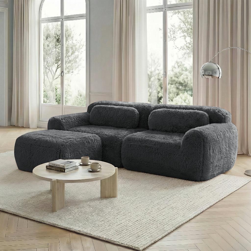 L-shaped 2-seater sofa, soft plush fabric, modular, with cushions. Soft, elastic foam, no assembly required, suitable for small living rooms, Grey