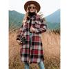 Temperament Slim-fit Langer Windbreaker Revers Tasche Karierter Wollmantel