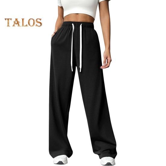 Pantaloni pentru femei cu talie înaltă elastică, cu șnur reglabil, pantaloni drepti cu picior largi, cu buzunare, pantaloni casual de culoare uni