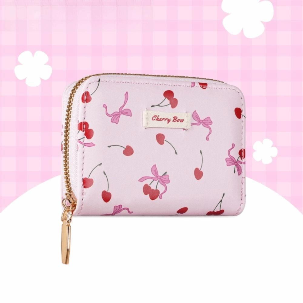 Fashion Cherry Short Wallet Bowknot PU Leather Cherry Bow Card Bag Large Capacity Lightweight Card Bags Gril