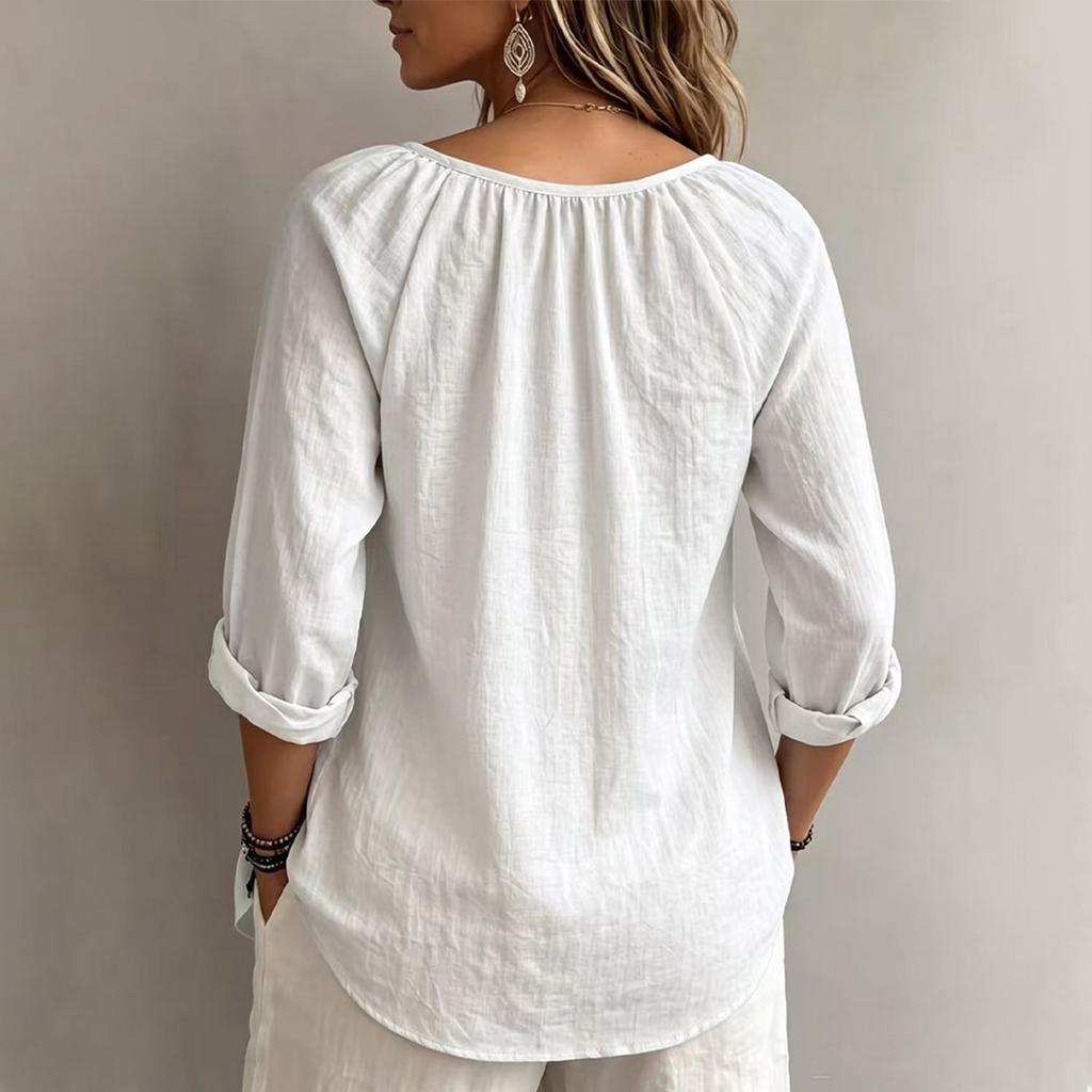 T-shirt décontracté à col en V et manches longues pour femme - Coupe ample - Pull - Haut de couleur