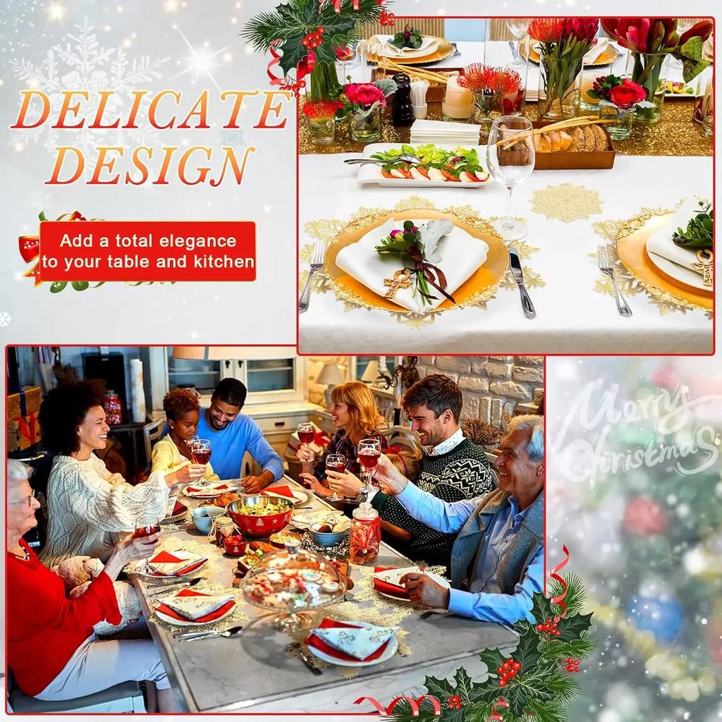 1-20PCS Christmas Snowflake Placemats and Table Runner Decorative Heat Resistant Tableware Mats Dining Room Holiday Party Decor