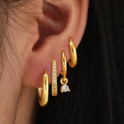 4 Pcs Luxury Gold Plated Zircon Hoop Earrings Set for Women Geometric Pendant Huggie Punk Unisex Rock Earring Piercing Jewelry