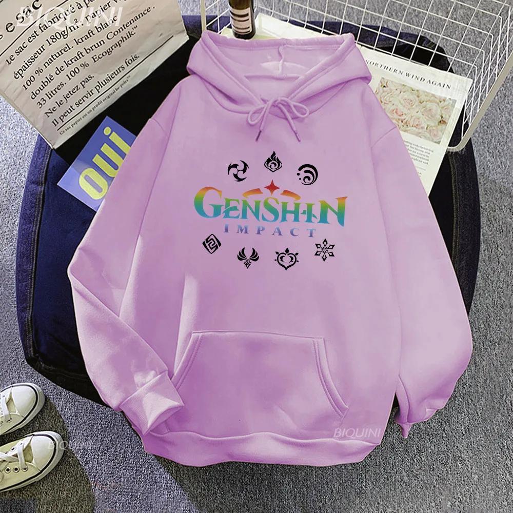 Genshin Impact Hoodie Game Anime Print Loose Pocket Seven Elements Harajuku Winter Clothes Sweatshirt Korean Style Pullover Wram