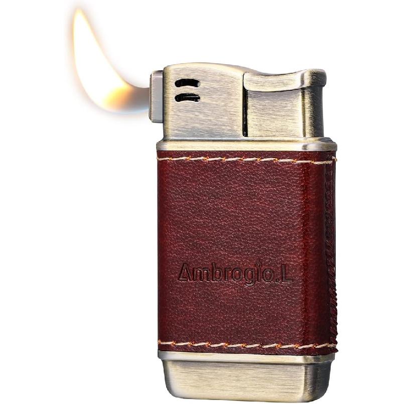 Ambrogio.L Pipe Lighter - Genuine Leather Adjustbale Soft Flame Refillable Butane Gas Lighter - Boxed Bronze Brushed