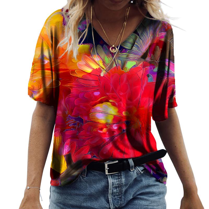 3D Floral Print Women Short Sleeve Tops V Neck Summer Lovers Couples T Shirt