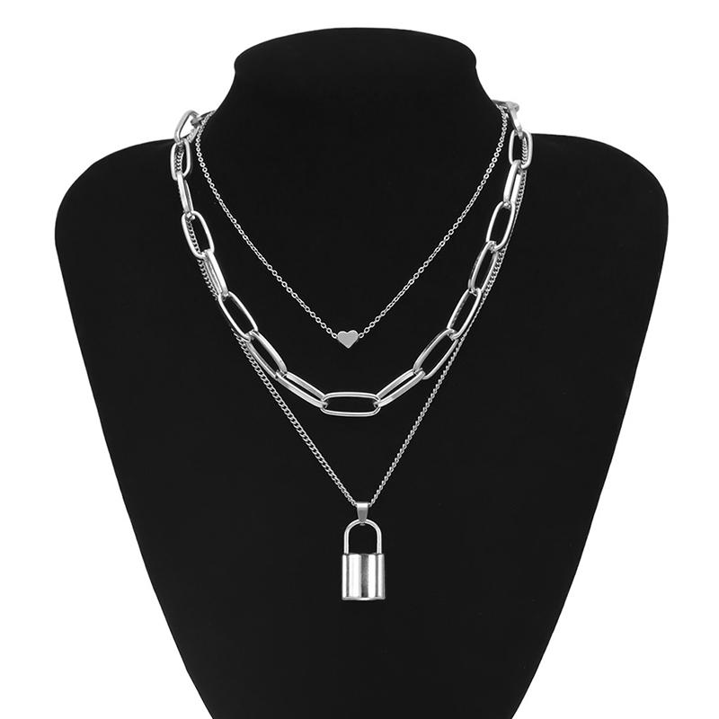 Cute Simple Chain Link Lock Necklace Pendant Women Silver Color Fashion Goth Jewelry Party Punk Maxi Collier Long Necklace Gift