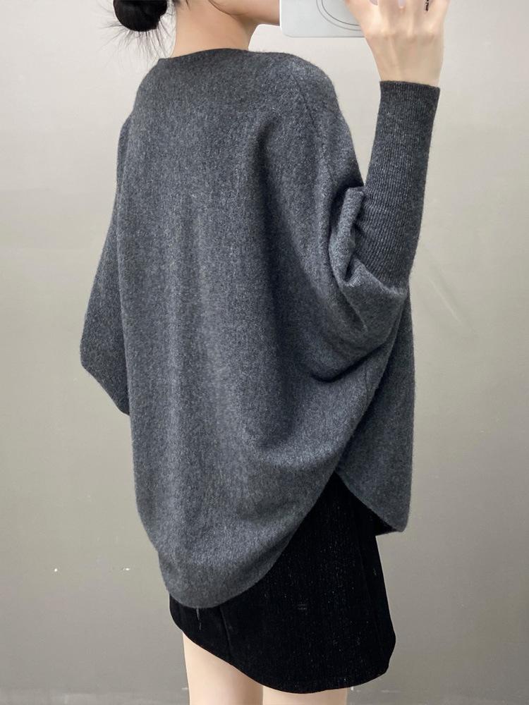 Women's European-Style Loose One-Shoulder Cashmere Sweater - Soft, Versatile Batwing Knit Pullover for Autumn/Winter