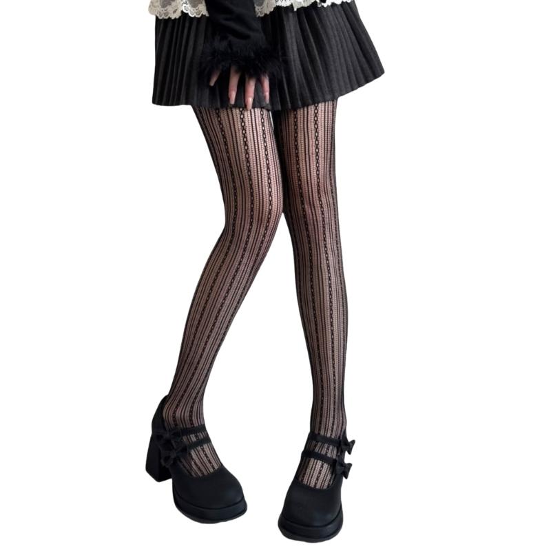 Elegant Hollowed Twist Striped Pattern Sheer Fishnet Stockings Aesthetic See Through Mesh Tights Pantyhose for Women