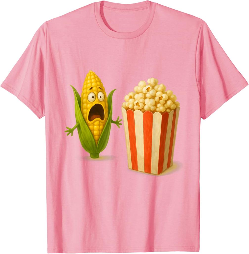 Funny Screaming Corn Popcorn Horror Food Humor Graphic Tee Casual Cotton T-Shirt for Men Women
