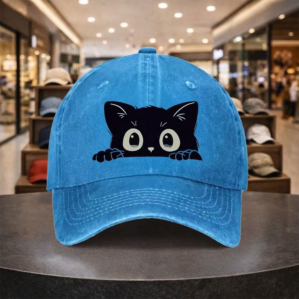 Black Cat Peeking Baseball Cap Cute Animal Print Adjustable Washed Denim Hat Casual