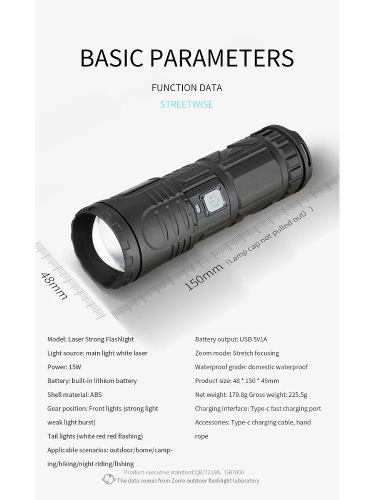 Powerful White Laser Flashlights Telescopic Zoom Tactical Spotlights Rechargeable Outdoor Torch With Tail Light Built-in Battery