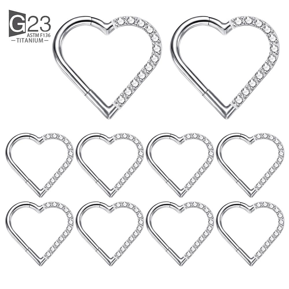 10Pc ASTM F136 Titanium Daith Heart Earring Hoop Cartilage Tragus Helix Rings Hinged Segment Hoop with Clear CZ