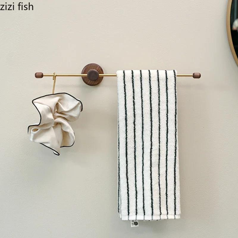 Walnut Wood Metal Towel Rack Bathroom Wall Mounted Storage Rack Wall Shelf Portability Towel Rack Storage Organizer Clothes Hook