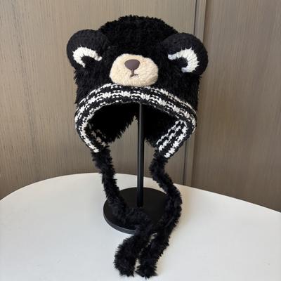 Soft Waxy Ear Hat Outdoor Plush Thickened Warm Bag Head Hat Ladies Cute Bear Ears Knitted Hat