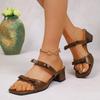 Double Bow Block Heel Slippers Summer New Fashion Square Toe Open Toe Soft Sole Non-slip Sandals